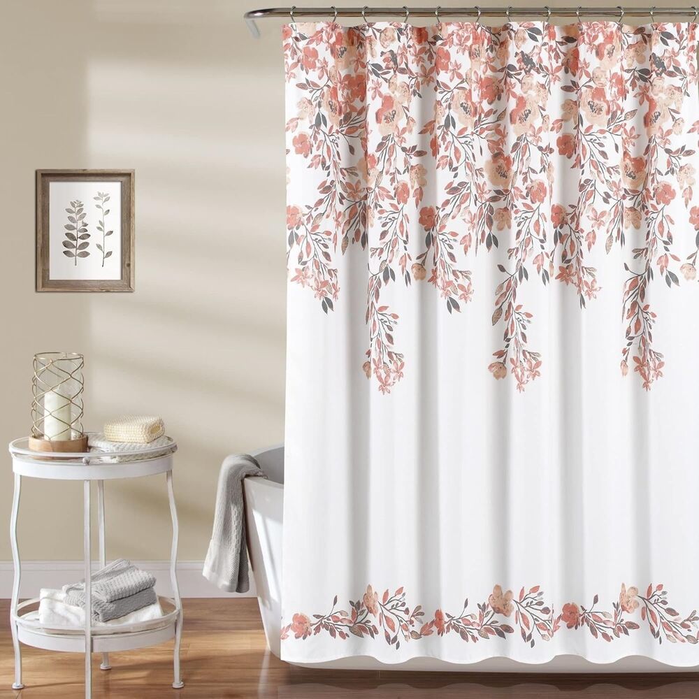 Lush Decor Shower Curtain, 72" W x 72" L, Blush & Gray - Peachy Pink Flower Vine